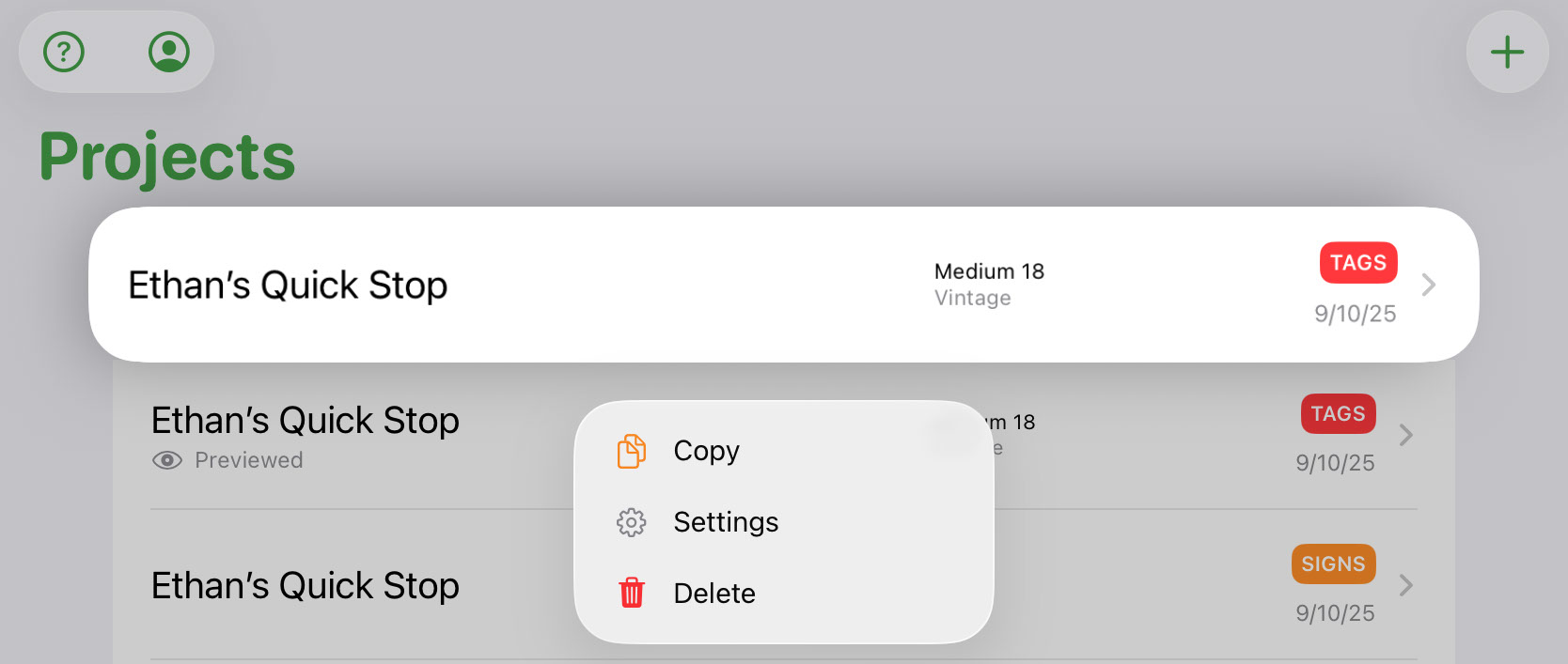Tap & hold on a project