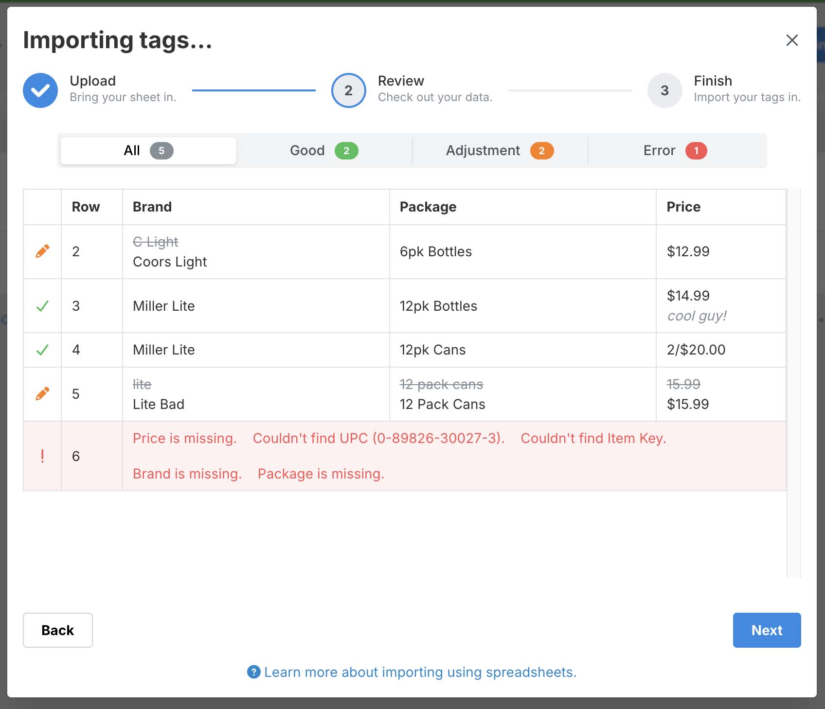 Excel import